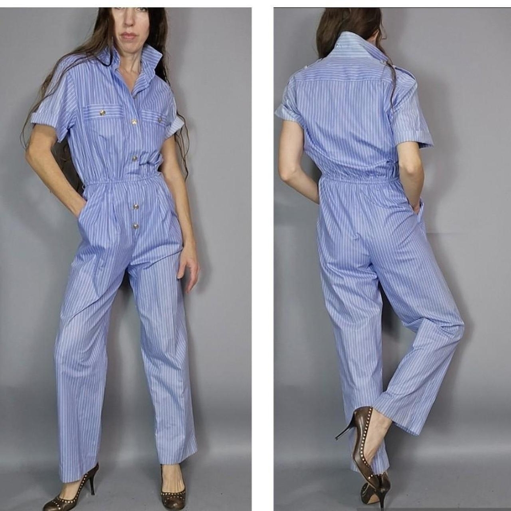 Vintage 80s Light Blue Striped Jumpsuit